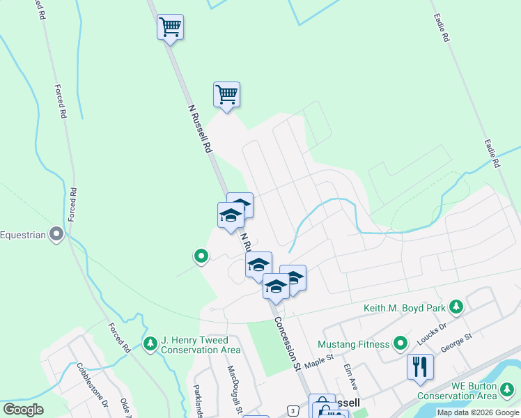 map of restaurants, bars, coffee shops, grocery stores, and more near 313 Twilight Avenue in Russell