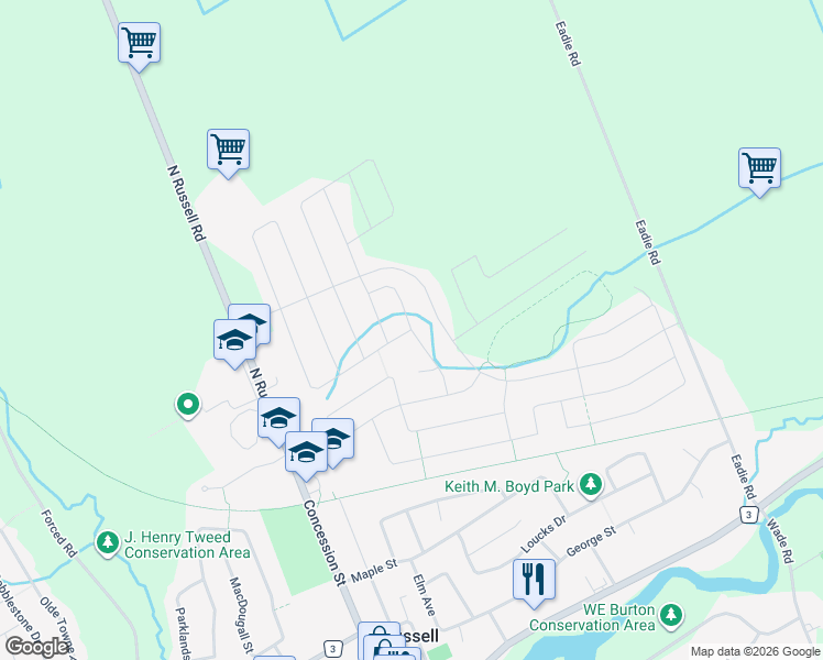 map of restaurants, bars, coffee shops, grocery stores, and more near Duncanville Street in Russell