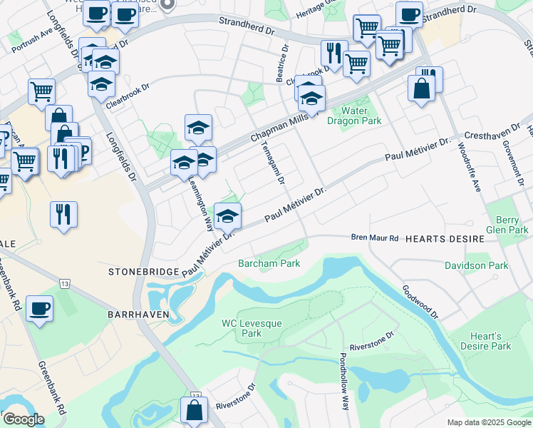 map of restaurants, bars, coffee shops, grocery stores, and more near 614 Paul Metivier Drive in Ottawa