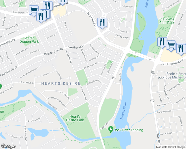 map of restaurants, bars, coffee shops, grocery stores, and more near 179 Grovemont Drive in Ottawa