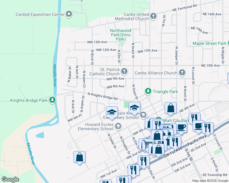 map of restaurants, bars, coffee shops, grocery stores, and more near 478 North Knights Bridge Road in Canby