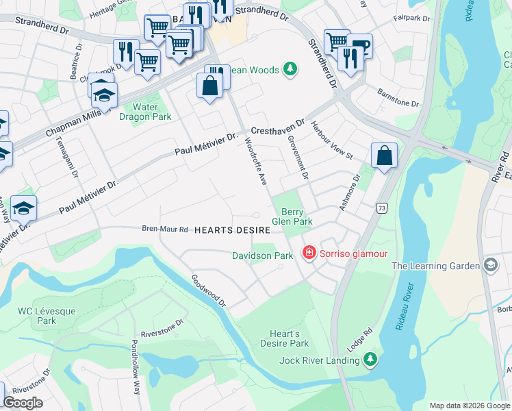 map of restaurants, bars, coffee shops, grocery stores, and more near 6 Howard Court in Ottawa