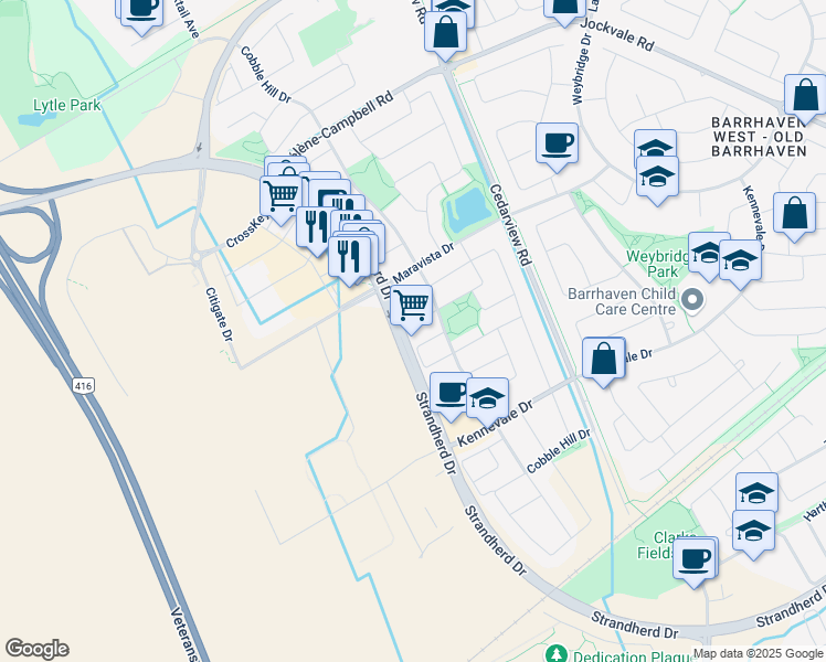 map of restaurants, bars, coffee shops, grocery stores, and more near 76 Chesapeake Crescent in Ottawa