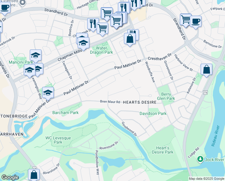 map of restaurants, bars, coffee shops, grocery stores, and more near 19 Colley Street in Ottawa