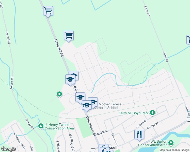 map of restaurants, bars, coffee shops, grocery stores, and more near 609 Misty Street in Russell