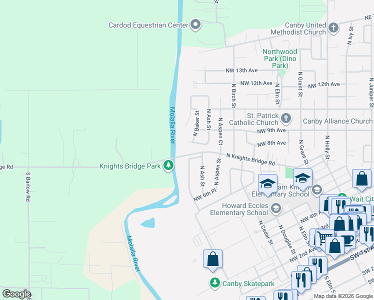map of restaurants, bars, coffee shops, grocery stores, and more near 1116 North Knights Bridge Road in Canby