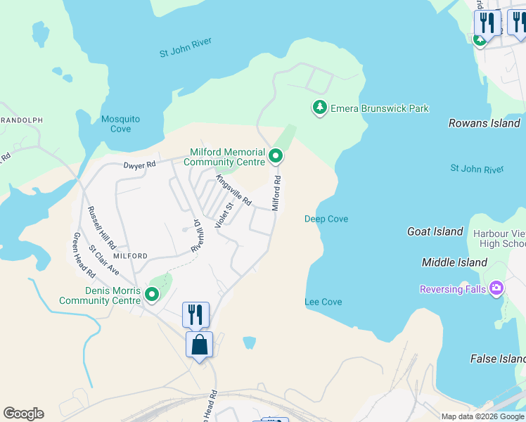 map of restaurants, bars, coffee shops, grocery stores, and more near 266 Kingsville Road in Saint John