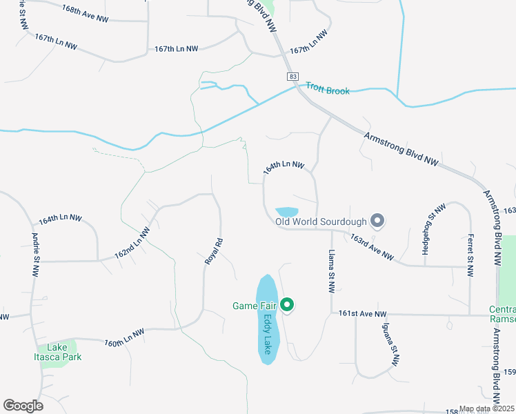 map of restaurants, bars, coffee shops, grocery stores, and more near 16326 Okapi Street Northwest in Ramsey