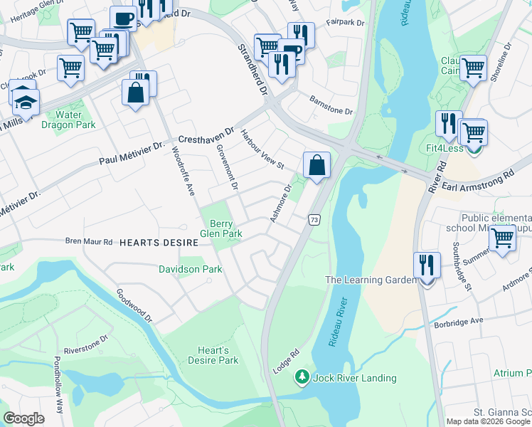 map of restaurants, bars, coffee shops, grocery stores, and more near 129 Rocky Hill Drive in Ottawa