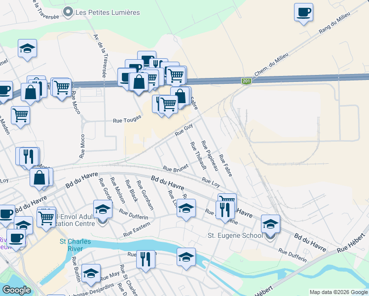 map of restaurants, bars, coffee shops, grocery stores, and more near 52 Rue Panet in Salaberry-de-Valleyfield