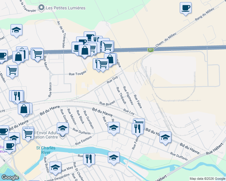 map of restaurants, bars, coffee shops, grocery stores, and more near 52 Rue Panet in Salaberry-de-Valleyfield