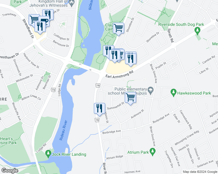 map of restaurants, bars, coffee shops, grocery stores, and more near 157 Mattingly Way in Ottawa