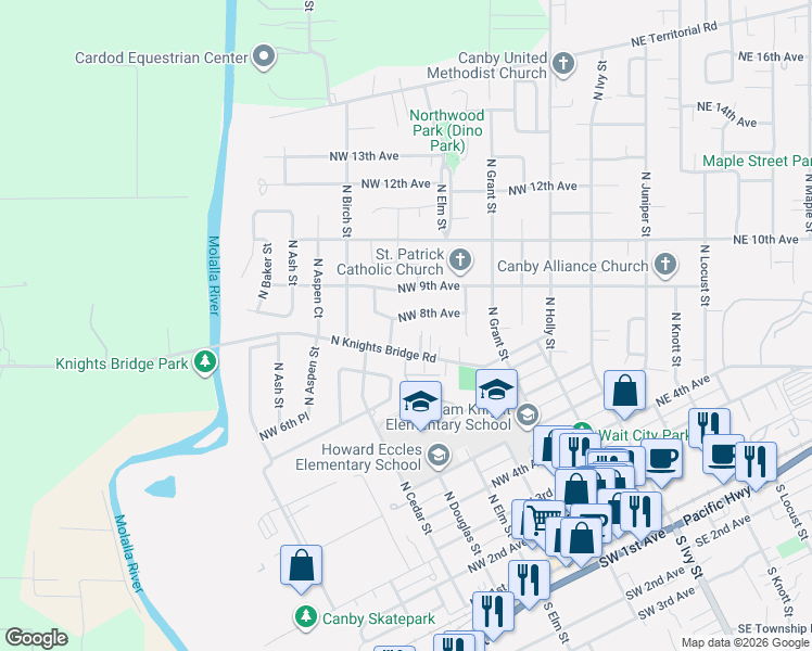 map of restaurants, bars, coffee shops, grocery stores, and more near 635 Northwest 8th Avenue in Canby