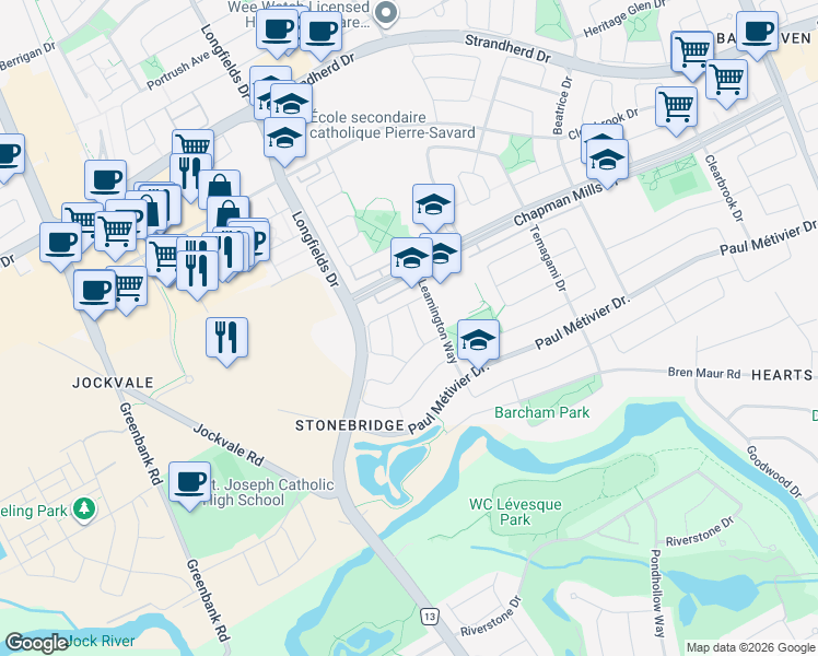 map of restaurants, bars, coffee shops, grocery stores, and more near 114 Dunforest Terrace in Ottawa