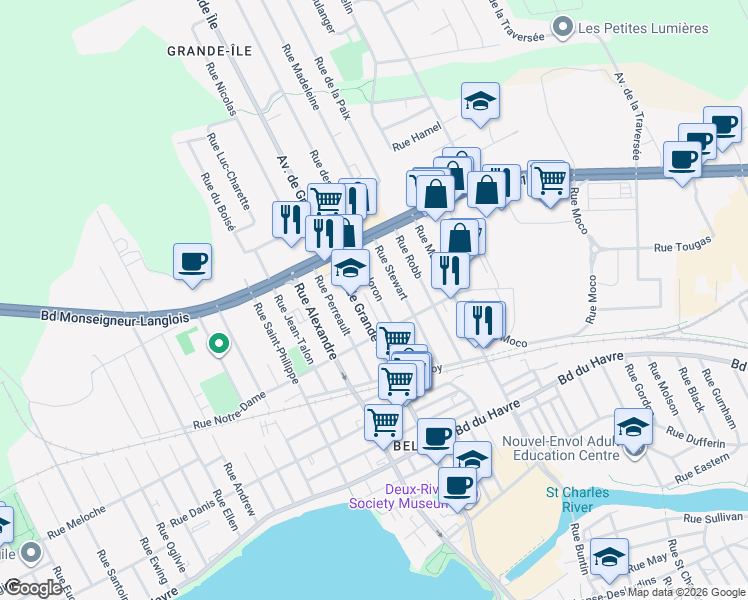 map of restaurants, bars, coffee shops, grocery stores, and more near 57 Rue Joron in Salaberry-de-Valleyfield