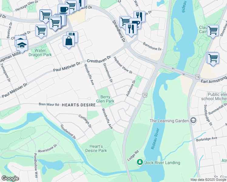 map of restaurants, bars, coffee shops, grocery stores, and more near 172 Grovemont Drive in Ottawa