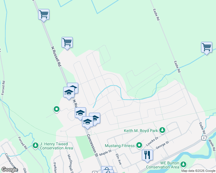 map of restaurants, bars, coffee shops, grocery stores, and more near 528 Lucent Street in Russell