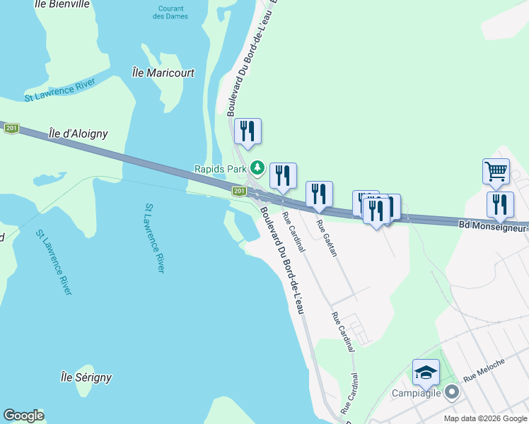 map of restaurants, bars, coffee shops, grocery stores, and more near 148 Boulevard du Bord de l'Eau in Salaberry-de-Valleyfield
