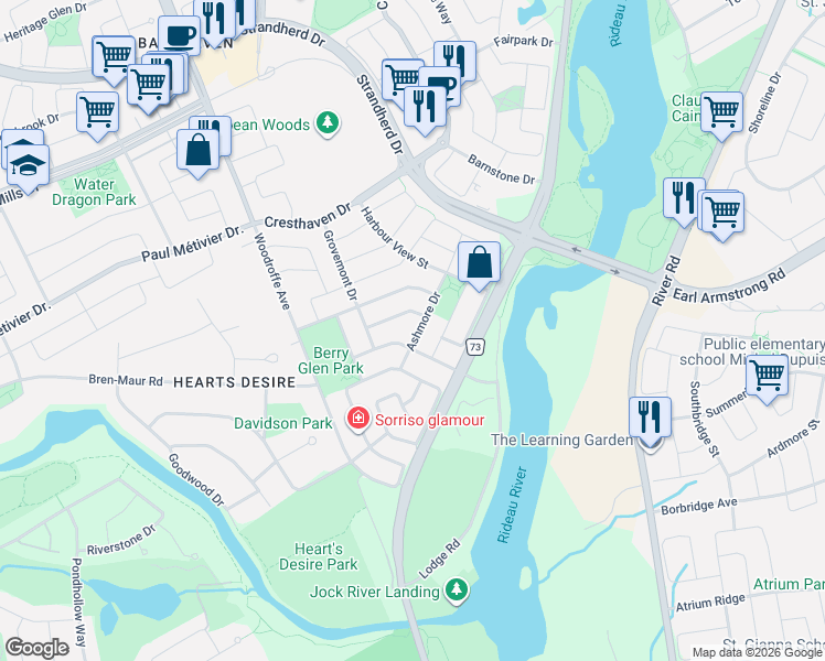 map of restaurants, bars, coffee shops, grocery stores, and more near 114 Ashmore Drive in Ottawa