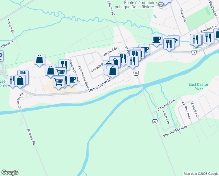 map of restaurants, bars, coffee shops, grocery stores, and more near 148 Equinox Drive in Embrun