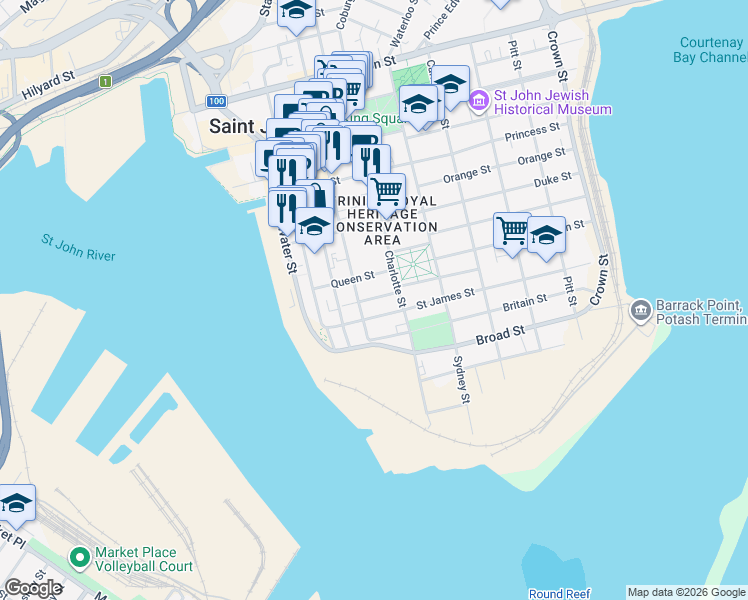 map of restaurants, bars, coffee shops, grocery stores, and more near in Saint John