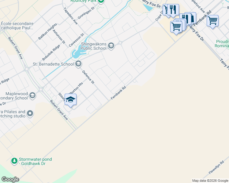 map of restaurants, bars, coffee shops, grocery stores, and more near 235 Hibernian Walk in Ottawa