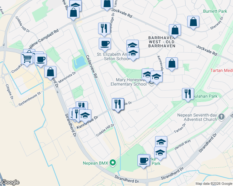 map of restaurants, bars, coffee shops, grocery stores, and more near 29 Peacock Crescent in Ottawa