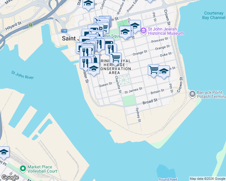 map of restaurants, bars, coffee shops, grocery stores, and more near in Saint John