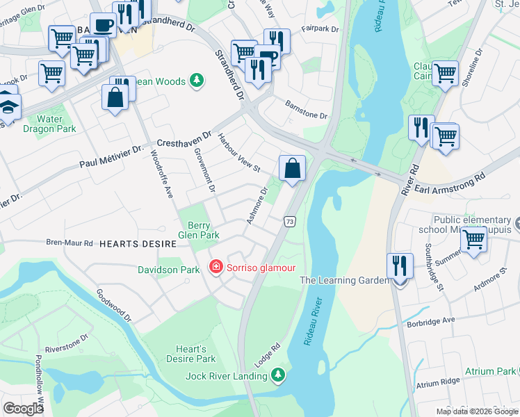 map of restaurants, bars, coffee shops, grocery stores, and more near 119 Ashmore Drive in Ottawa
