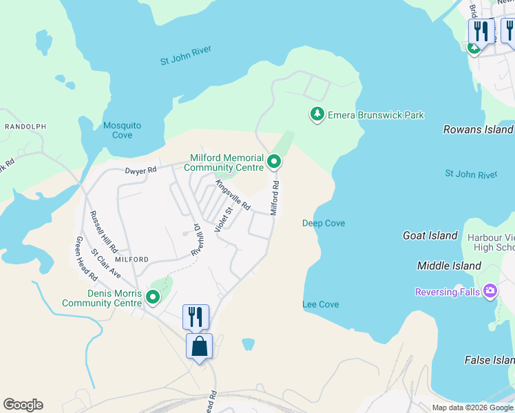 map of restaurants, bars, coffee shops, grocery stores, and more near 266 Kingsville Road in Saint John