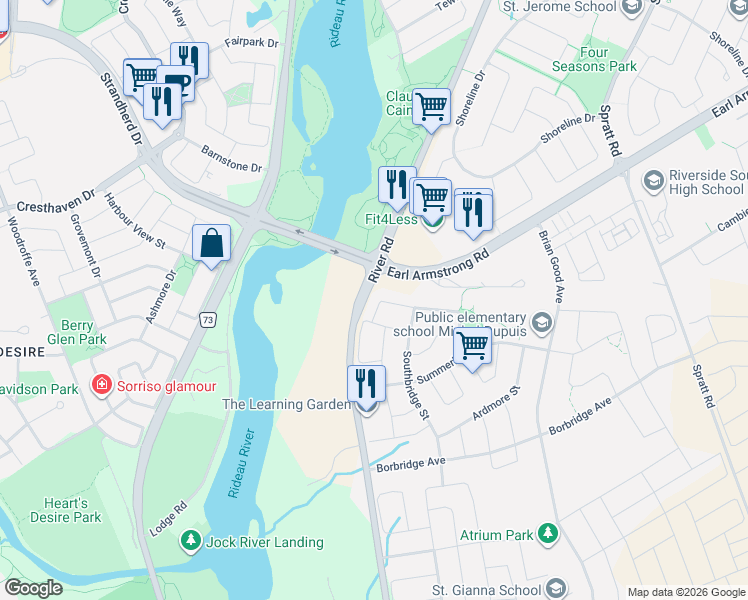 map of restaurants, bars, coffee shops, grocery stores, and more near 182 Mattingly Way in Ottawa