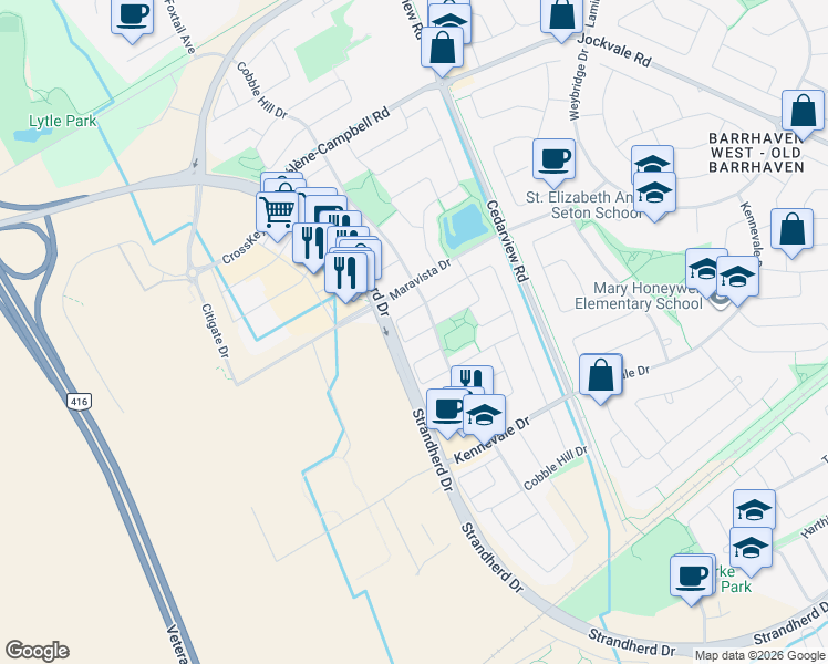map of restaurants, bars, coffee shops, grocery stores, and more near 85 Chesapeake Crescent in Ottawa