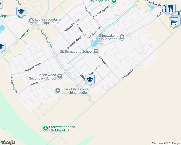 map of restaurants, bars, coffee shops, grocery stores, and more near 332 Haliburton Heights in Ottawa