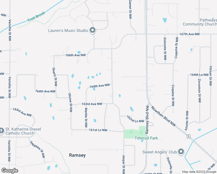 map of restaurants, bars, coffee shops, grocery stores, and more near 7003 164th Avenue Northwest in Ramsey
