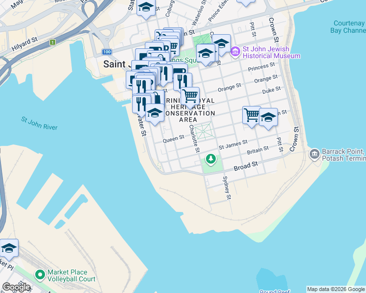 map of restaurants, bars, coffee shops, grocery stores, and more near 13 Harding Street in Saint John