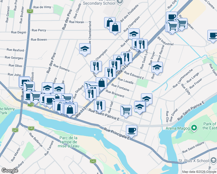 map of restaurants, bars, coffee shops, grocery stores, and more near 426 Rue Sherbrooke in Magog