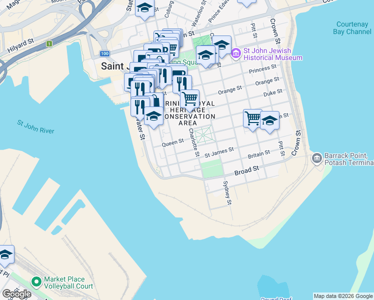 map of restaurants, bars, coffee shops, grocery stores, and more near in Saint John