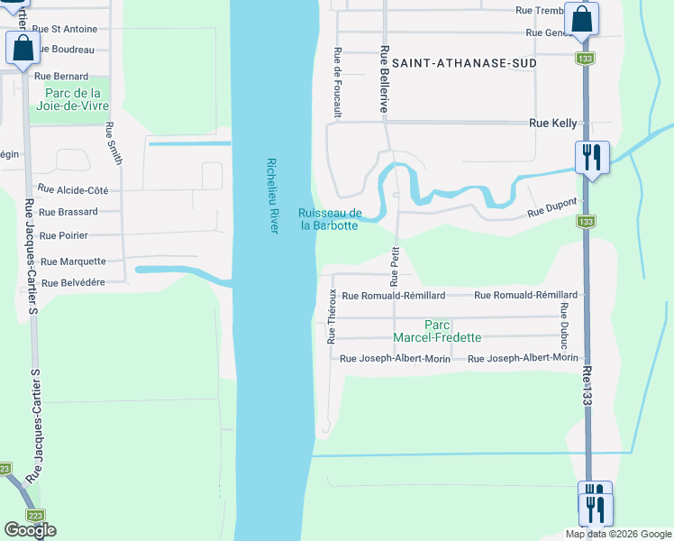 map of restaurants, bars, coffee shops, grocery stores, and more near 174 Rue d'Orléans in Saint-Jean-sur-Richelieu