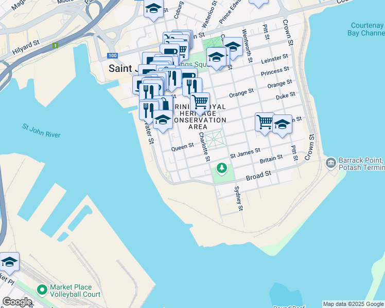 map of restaurants, bars, coffee shops, grocery stores, and more near 13 Harding Street in Saint John