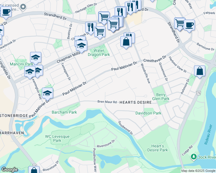 map of restaurants, bars, coffee shops, grocery stores, and more near 651 New Liskeard Crescent in Ottawa