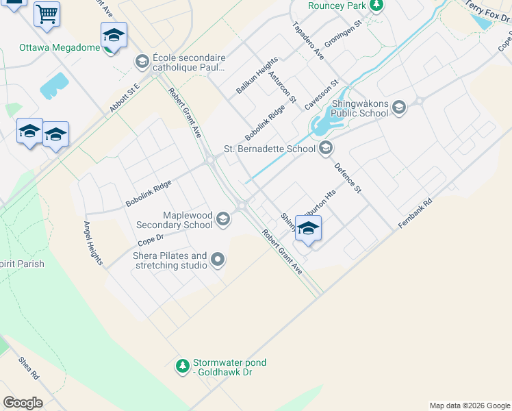 map of restaurants, bars, coffee shops, grocery stores, and more near 184 Visor Private in Ottawa