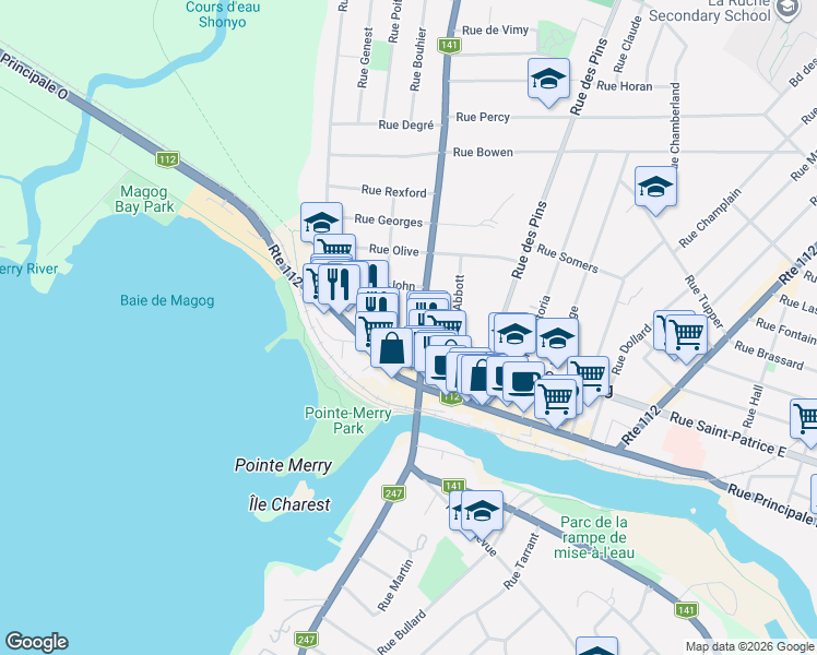 map of restaurants, bars, coffee shops, grocery stores, and more near 111 Rue Merry Nord in Magog