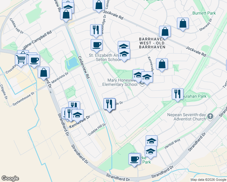 map of restaurants, bars, coffee shops, grocery stores, and more near 17 Peacock Crescent in Ottawa