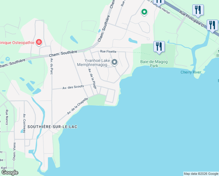 map of restaurants, bars, coffee shops, grocery stores, and more near 207 Avenue des Scouts in Magog