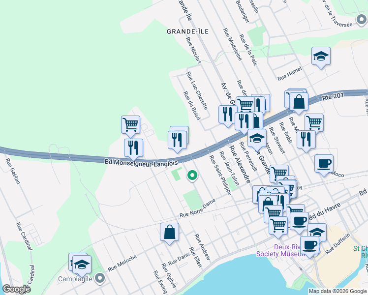 map of restaurants, bars, coffee shops, grocery stores, and more near 825 Boulevard Monseigneur-Langlois in Salaberry-de-Valleyfield