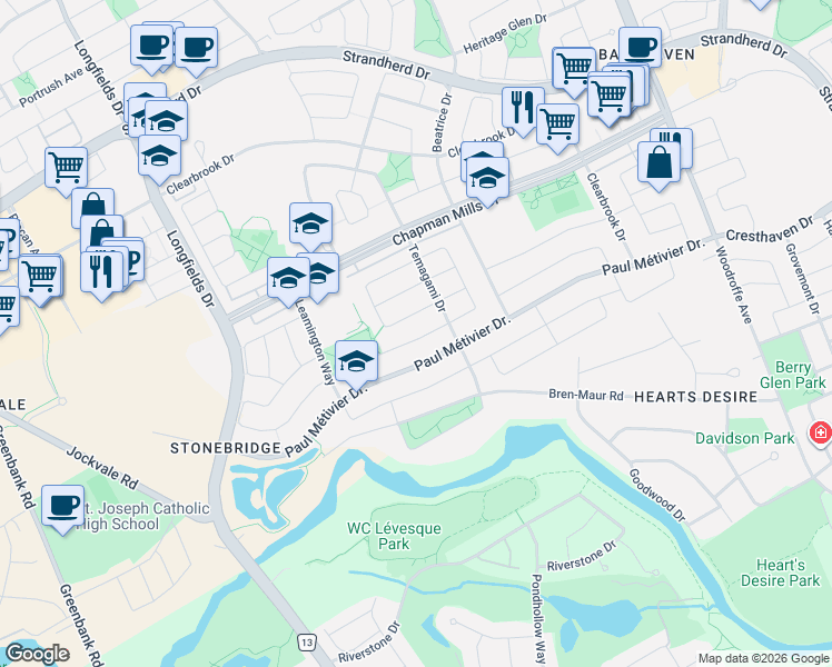map of restaurants, bars, coffee shops, grocery stores, and more near 314 Ventanna Way in Ottawa