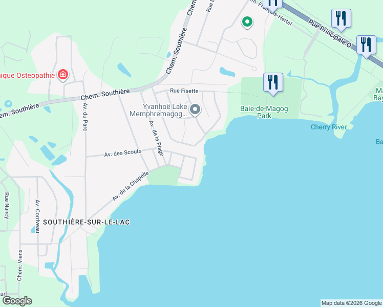map of restaurants, bars, coffee shops, grocery stores, and more near 207 Avenue des Scouts in Magog
