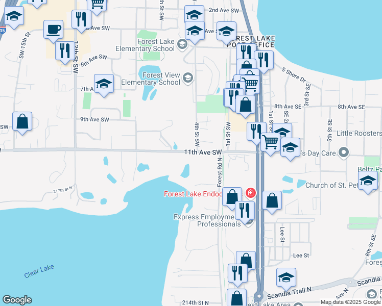 map of restaurants, bars, coffee shops, grocery stores, and more near 5805 11th Avenue Southwest in Forest Lake