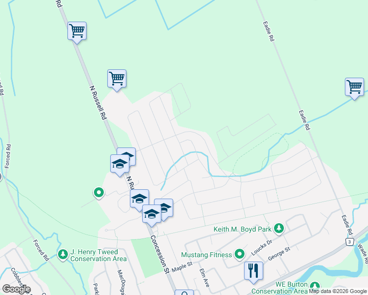 map of restaurants, bars, coffee shops, grocery stores, and more near 520 Lucent Street in Russell