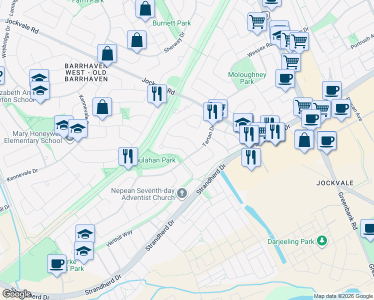 map of restaurants, bars, coffee shops, grocery stores, and more near 64 Townsend Drive in Ottawa